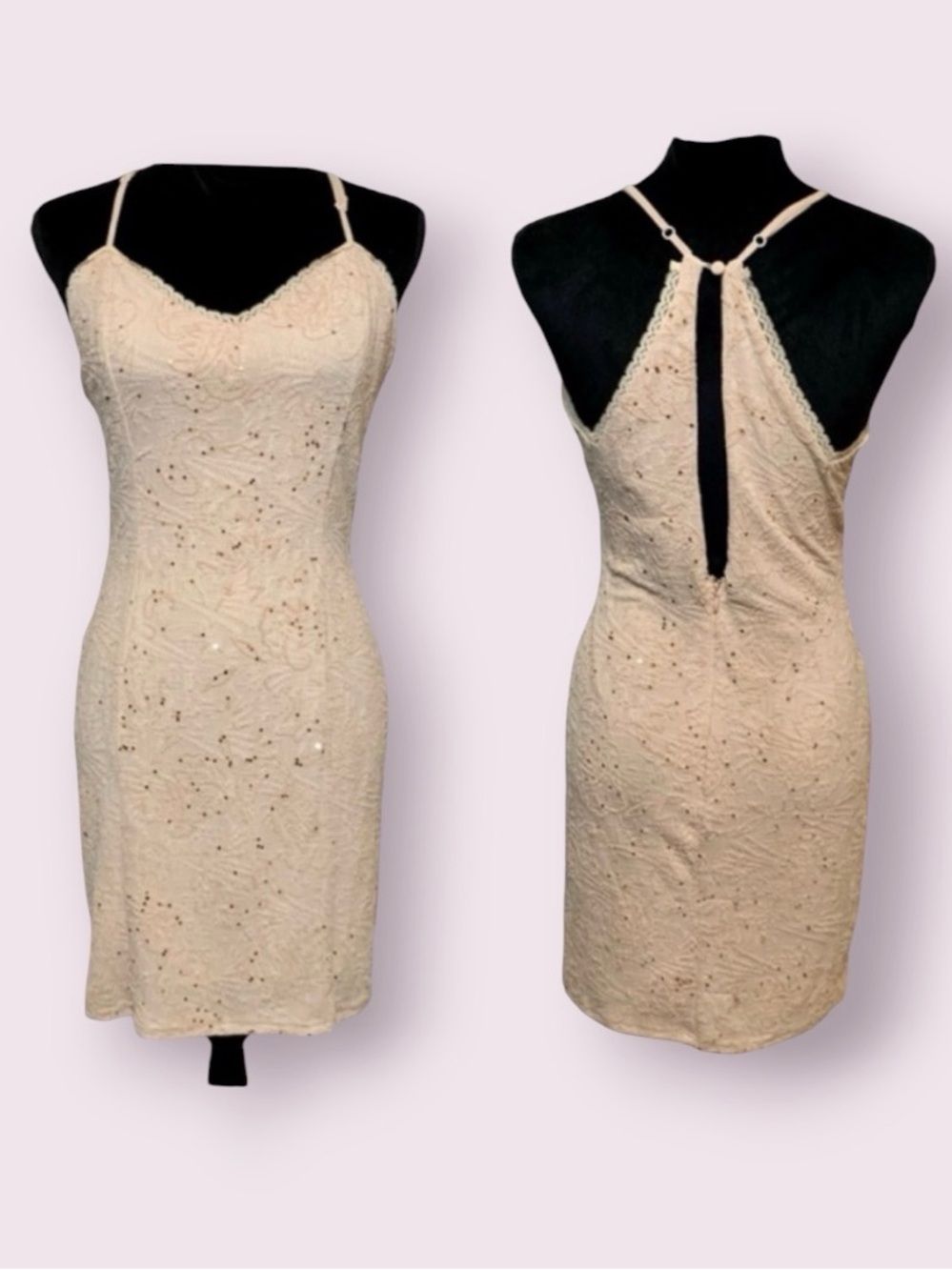 Soieblu Bodycon Cocktail Sequins Mini Dress Champagne Embellished Size Medium